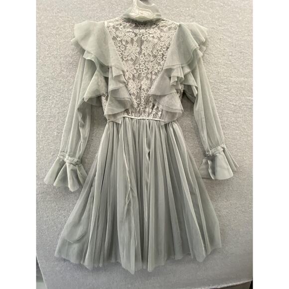Chicwish Dress Womens Small Sage Gray Lace Ruffle Mesh Coquette Fairy Bow Midi - Picture 4 of 5